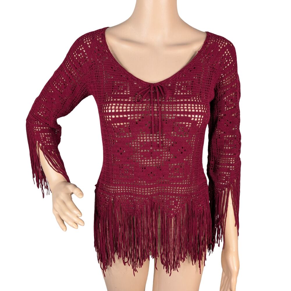 Vtg Y2K Crochet Fringe Top S/M Burgundy Red Asymmetric Whimsigoth Fairy Grunge